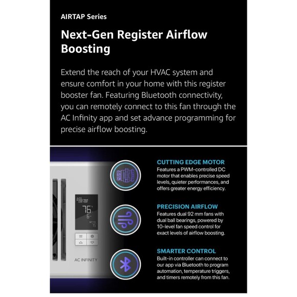 AC Infinity AIRTAP T4 White, Register Booster Fan for 4” x 12” Register Holes - Picture 4 of 9